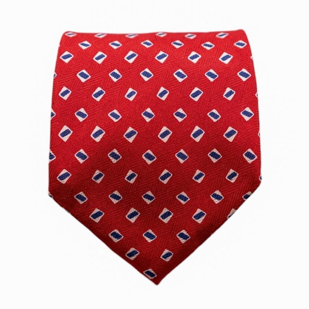 Ralph Lauren Tie 100% Silk Red Blue White Geometric Classic 3.5" USA Necktie